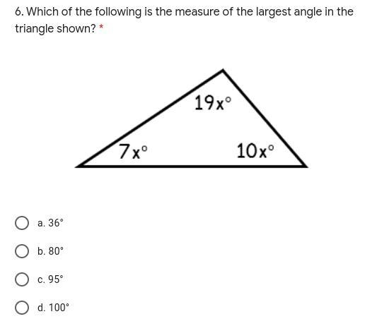 Which of the following is the measure of the largest angle in the triangle shown?-example-1