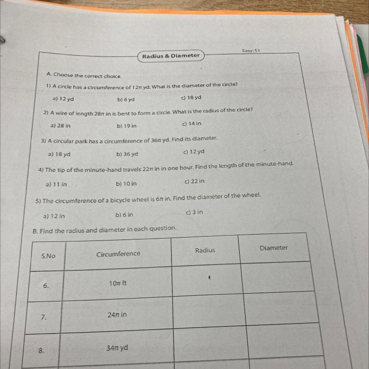 Radius & Diameter Easy: 51 A. Choose the correct choice. 1) A circle has a circumference-example-1