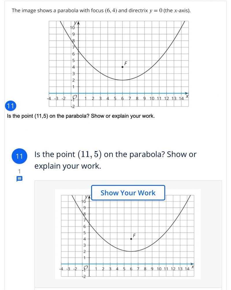 Is the point (11,5) on the parabola? Show or explain your work.-example-1