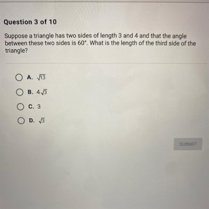 Suppose a triangle has two sides of length 3 and 4 and that the angle between these-example-1