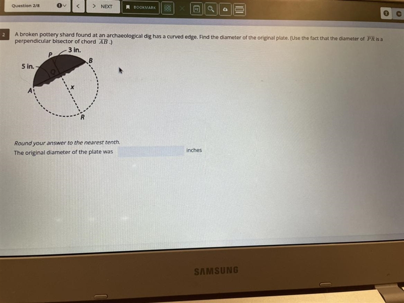 A broken pottery shard found at an archaeological dig has a curved edge. Find the-example-1