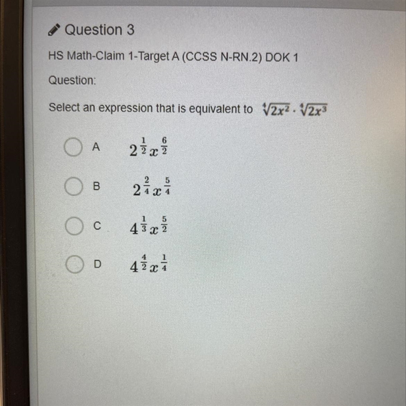 HELP!!!!!!!! Select an expression that id equivalent to 4squareroot of 2x^2 • 4squareroot-example-1