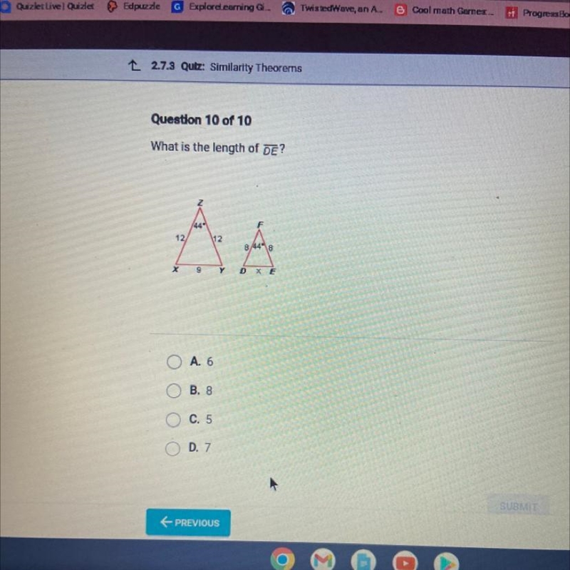 What is the length of DE? A A 12 DXE A. 6 B. 8 C. 5 D. 7-example-1