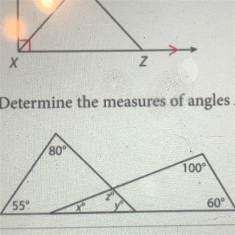 21. Determine the measures of angles x, y, and z. 55⁰ 80 100° 60°-example-1