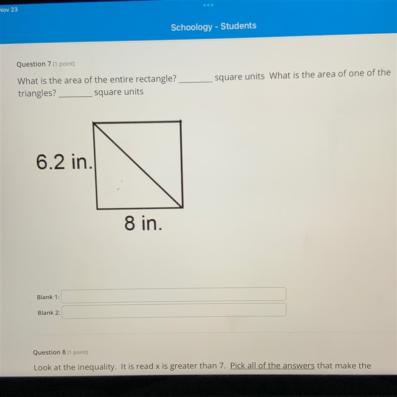 What is the area of the entire rectangle? triangles? square units 6.2 in. 8 in. square-example-1