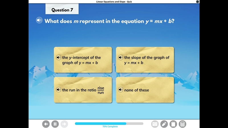 What does "m" represent in the equation y=mx+b? A. The y intercept of the-example-1