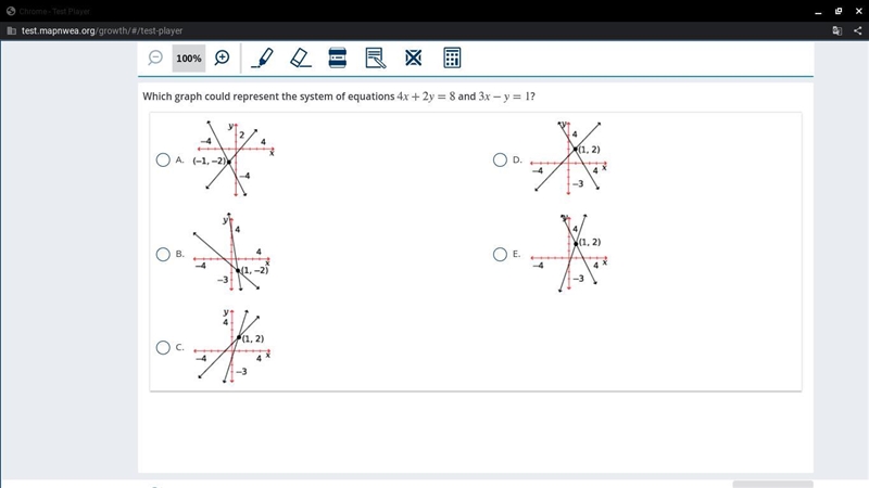 I need it quickly which graph could represent the system of equations 4x+2y=8 and-example-1