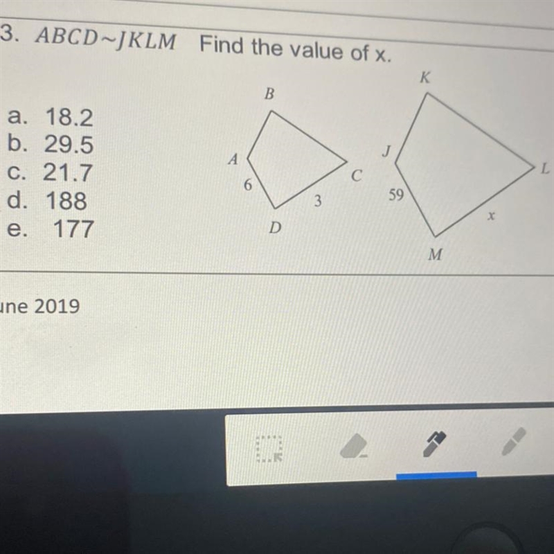 G.20.1.73. ABCD-JKLM Find the value of x.KBALa. 18.2b. 29.5c. 21.7d. 188e. 177С6359DMG-example-1