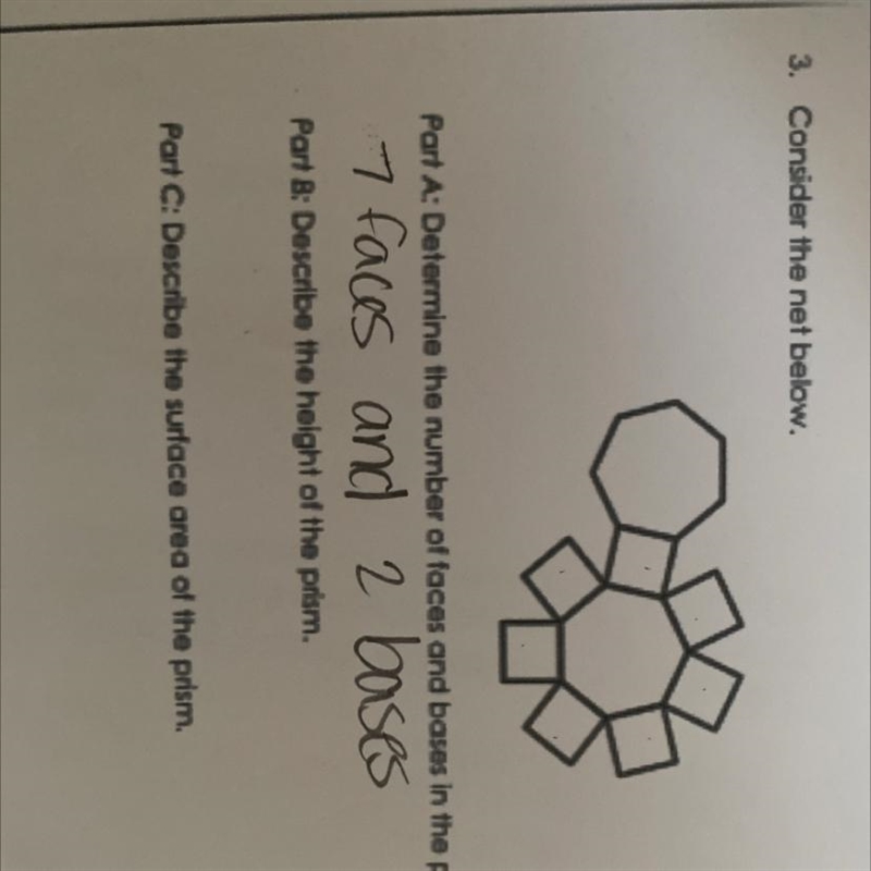 Consider the net below.B: Describe the height of the prism C: Describe the surface-example-1