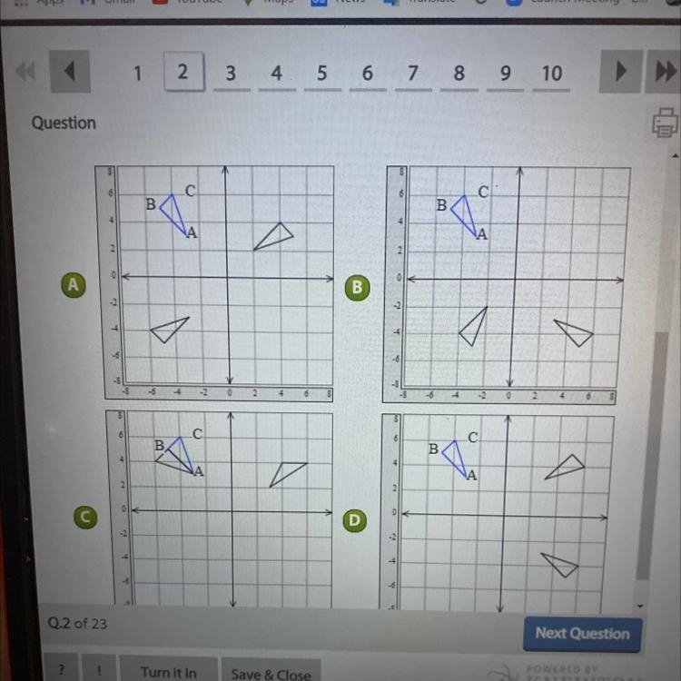 QuestionSelect the graph with the final image of ABC after the given sequence of transformations-example-1