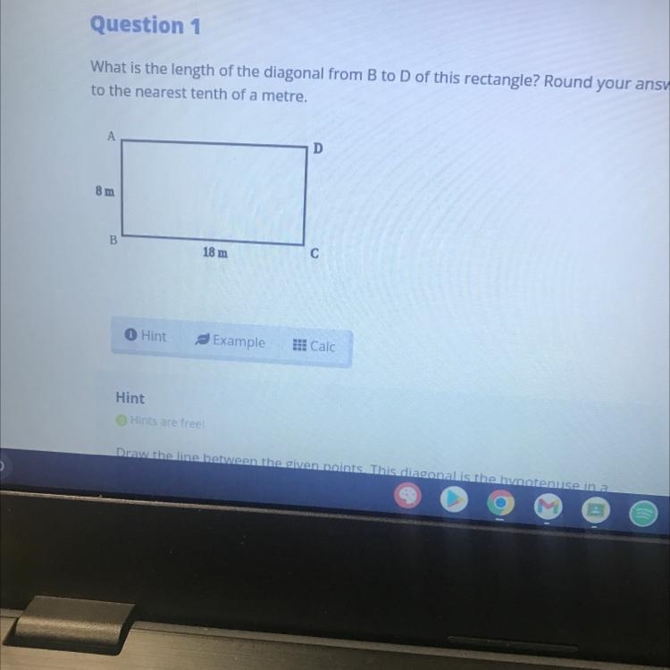 What is the length of the diagonal from B to D of this rectangle? Round your answ-example-1