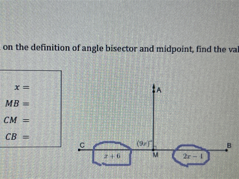 Geometry question I need help finding the x, MB, CM, and CB-example-1