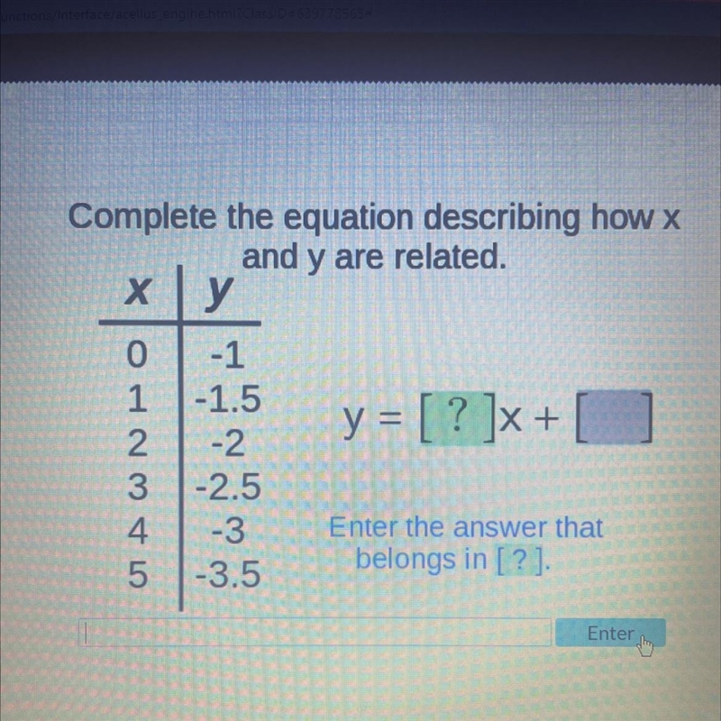 Complete the equation describing how x and y are related. X | Y 0 | -1 1 | -1.5 2 | -2 3 | -2.5 4 | -3 5 | -3.5 Y-example-1