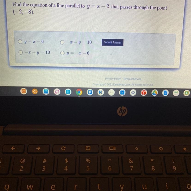 Find the equation of a line parallel to y = x - 2 that passes through the point (-2,-8).-example-1