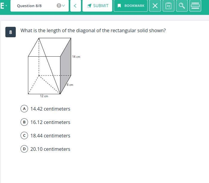 What is the length of the diagonal of the rectangular solid shown? please help!!!!-example-1