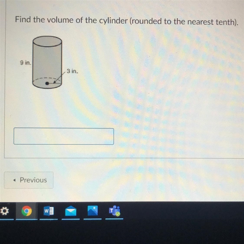 Find the volume of the cylinder (rounded to the nearest tenth).9 in.3 in.-example-1