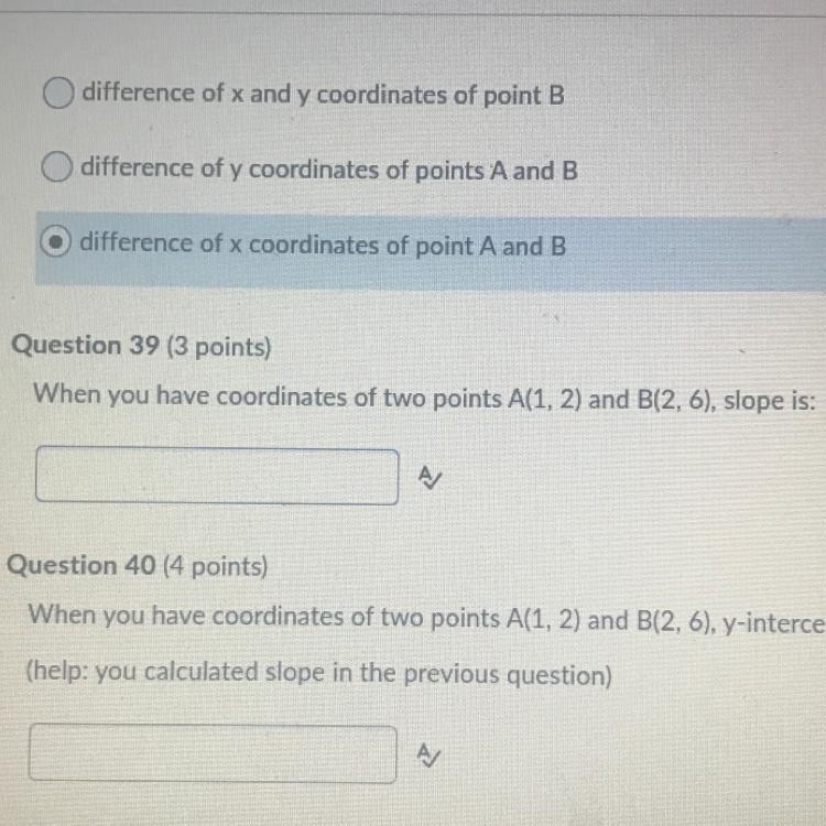 When you have coordinates of two points A(1, 2) and B(2,6) slope is:-example-1