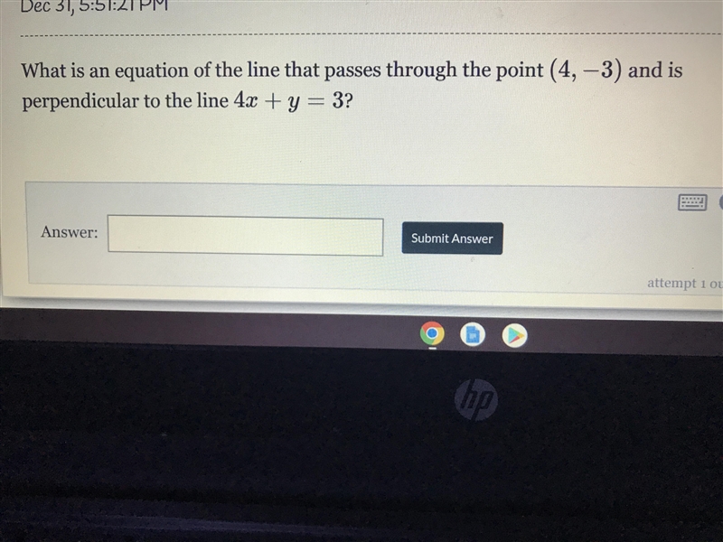 Write an equation that passes through the point (4,-3) and is perpendicular to the-example-1