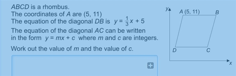 ABCD is a rhombus. The coordinates of A are (5, 11) The equation of the diagonal DB-example-1