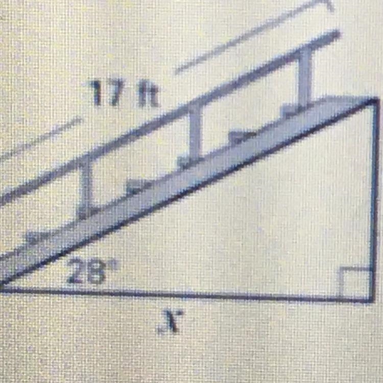 A staircase has an angle of elevation of 28° anı covers a total distance of 17 feet-example-1