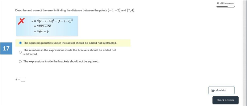 Describe and correct the error in finding the distance between the points (−3,−2) and-example-1