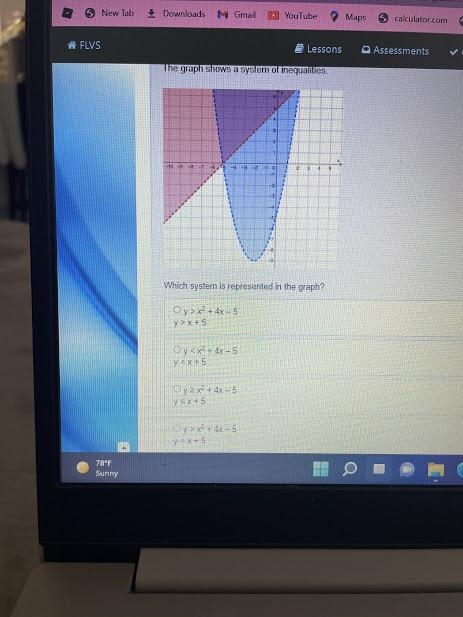 Which system is represented in the graph? y > x2 + 4x – 5y > x + 5 y < x-example-1