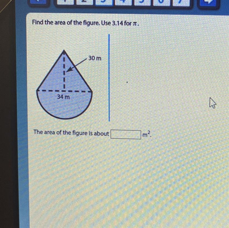 Find the area of the figure. Use 3.14 for it. 30 m 34 m The area of the figure is-example-1