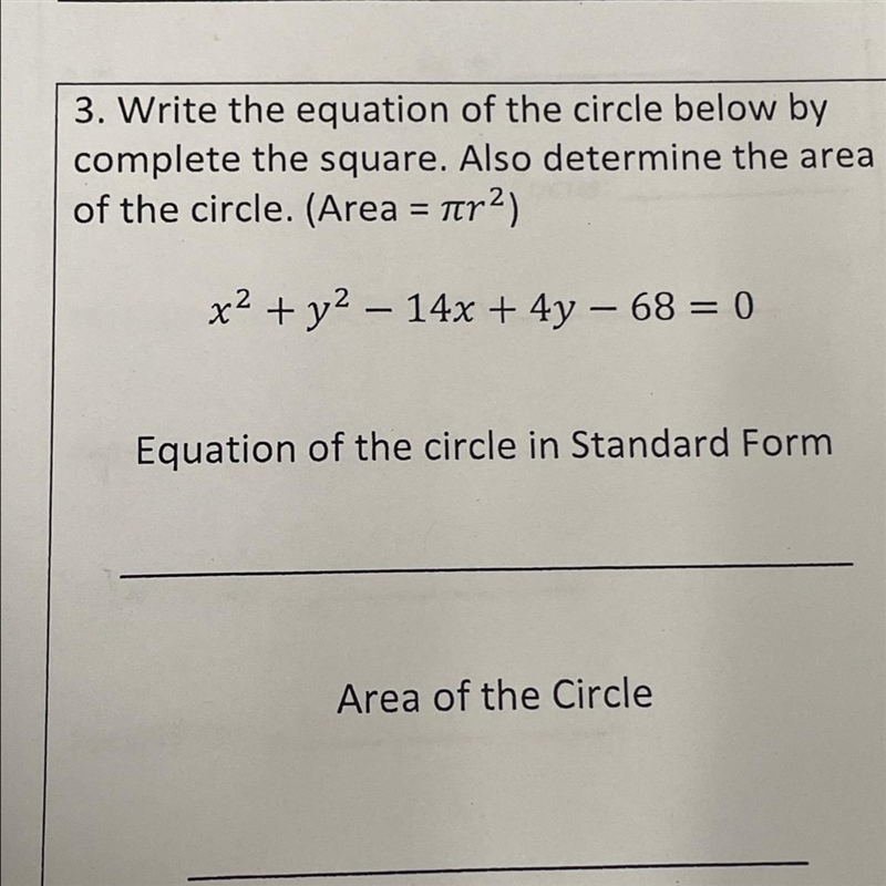 Write the equation of the circle below to complete the square. Also determine the-example-1