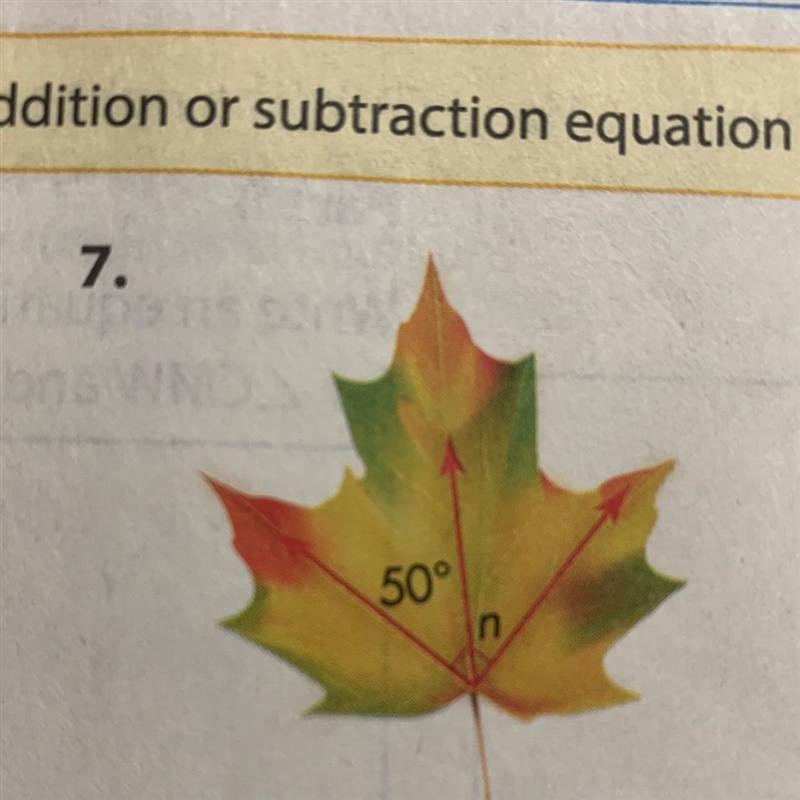 Write and solve an addition or subtraction equation to find the missing angle measure-example-1