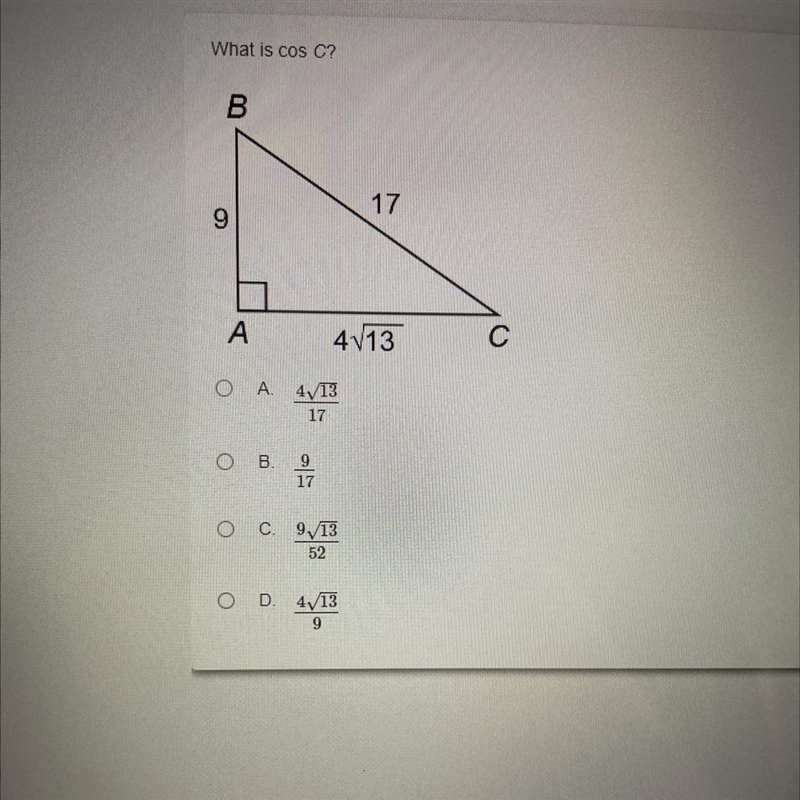 50 POINTS! MATH PLEASE HELP :( What is cos C?-example-1