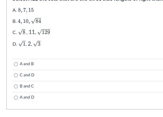 Select ALL the sets that are the three side lengths of right triangles.-example-1