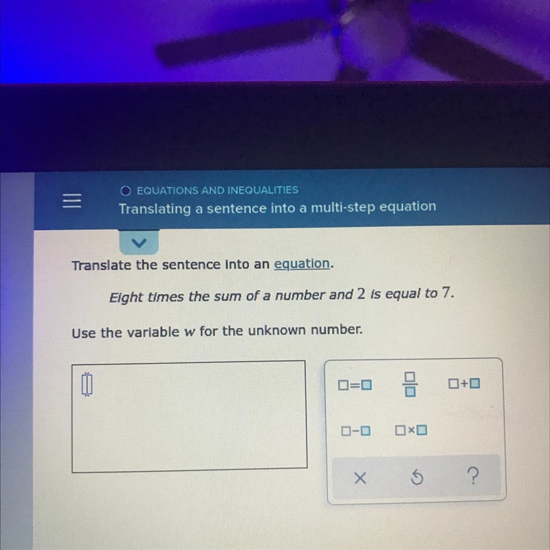 Translate the sentence into an equation. Eight times the sum of a number and 2 is-example-1