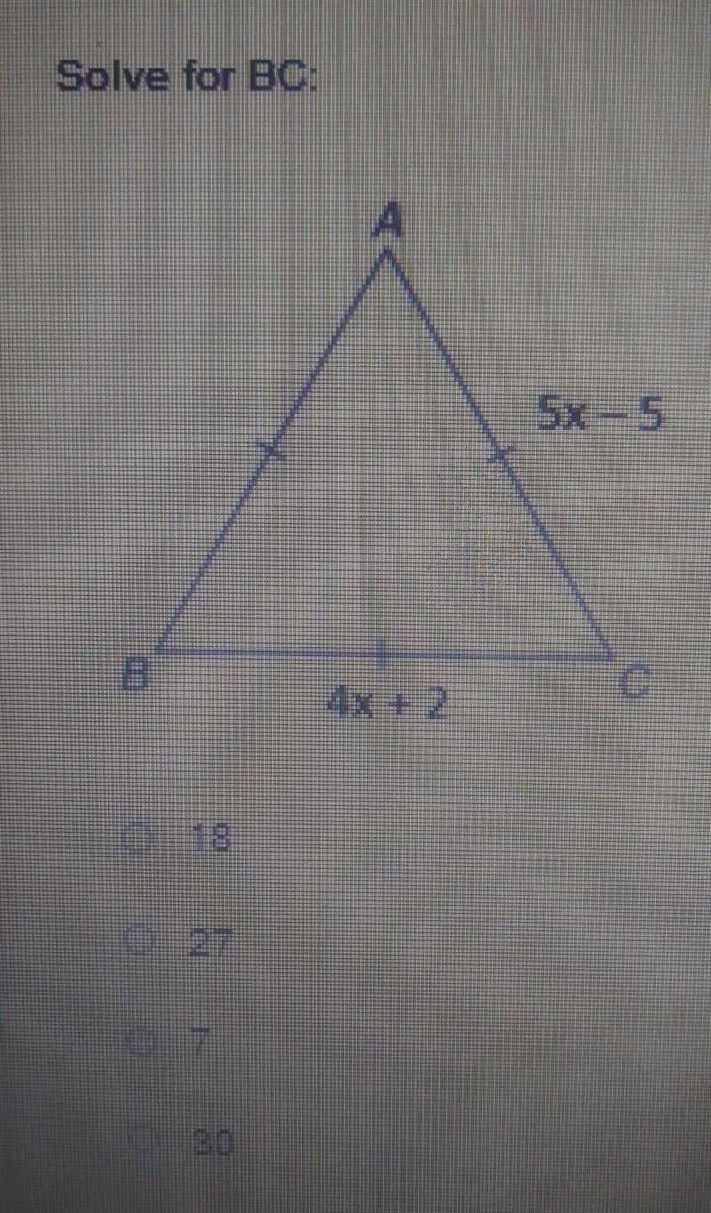 Solve for BC: A. 18 B. 27 C. 7 D. 30​-example-1