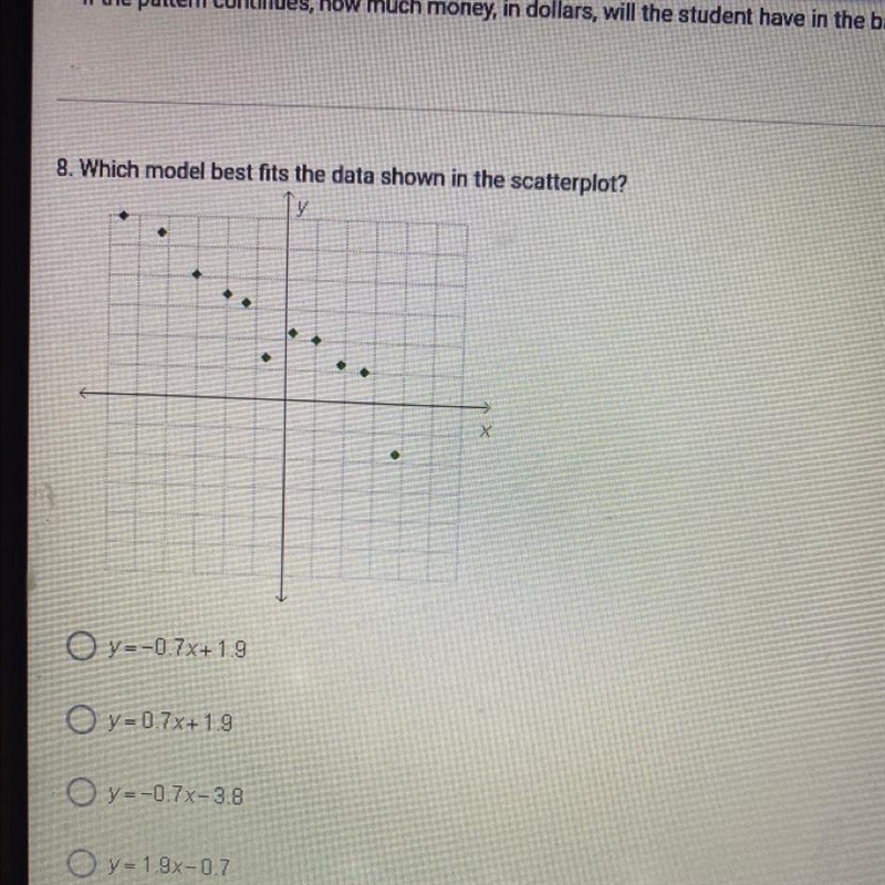 Which model best fits the data shown in the scatterplot? A. y=-0.7x+1.9 B. y = 0.7x-example-1