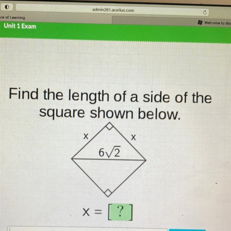 Find the length of a side of the square shown below. х 6V2 X = x = [?]-example-1