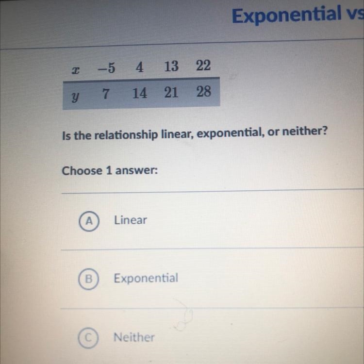 Is the relationship liner , exponential or neither-example-1