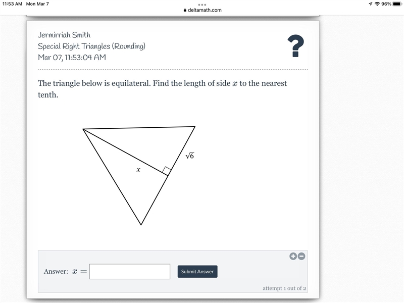 The triangle below is equilateral. Find the length of side x x to the nearest tenth-example-1