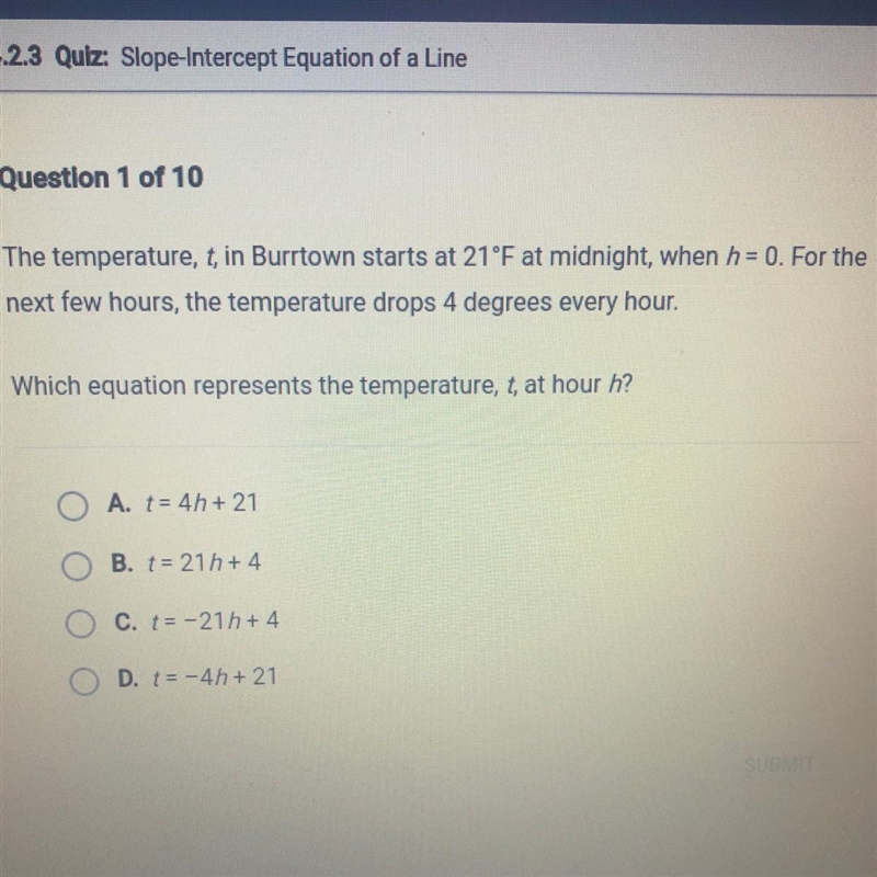 Which equation represents the Temperture, t, at hour h?-example-1