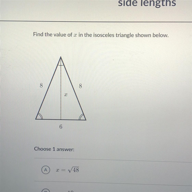 Find the value of x in the isosceles triangle shown below-example-1