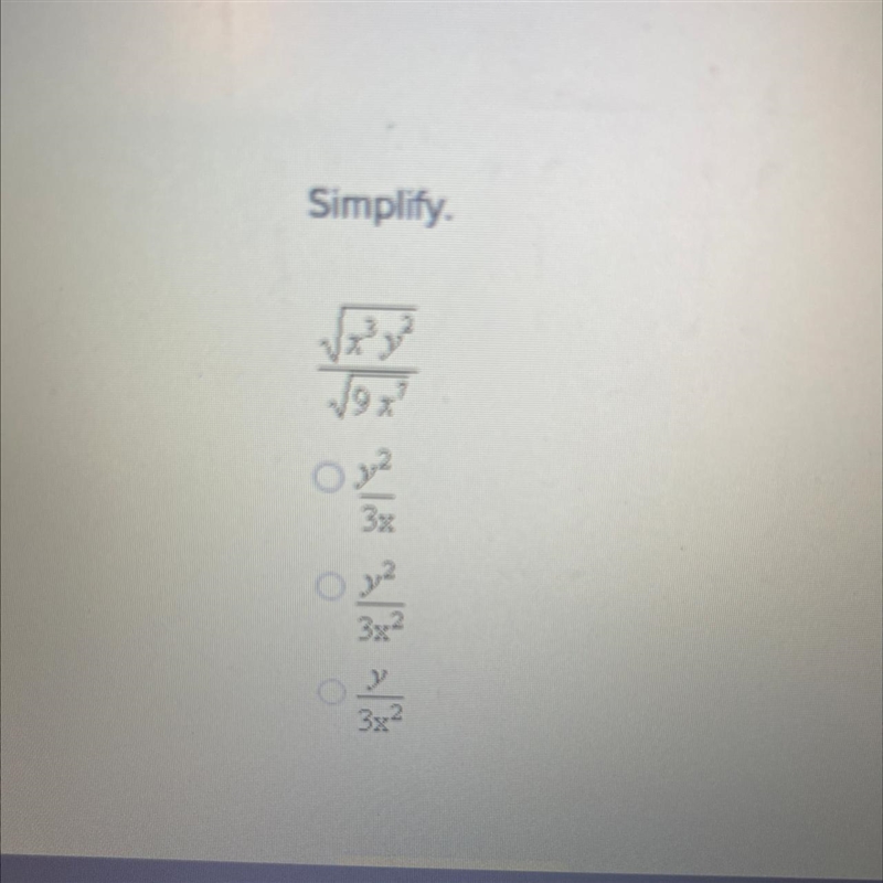 Simplify √x^3y^2 ————— √9x^7-example-1