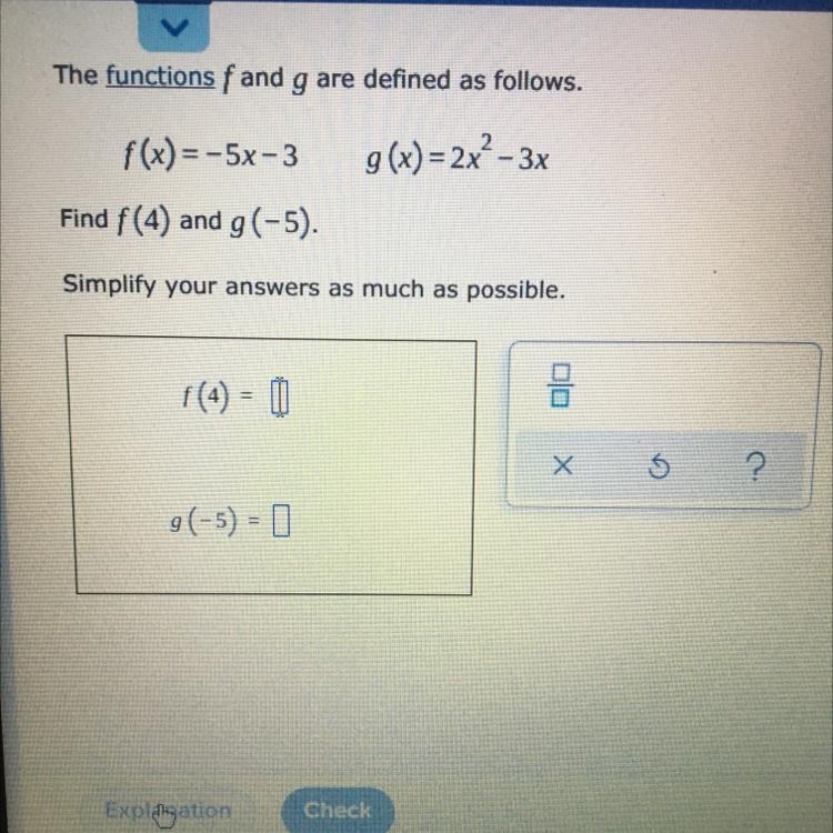 How are the functions simplified, and how do we determine the value of f(4) and g-example-1