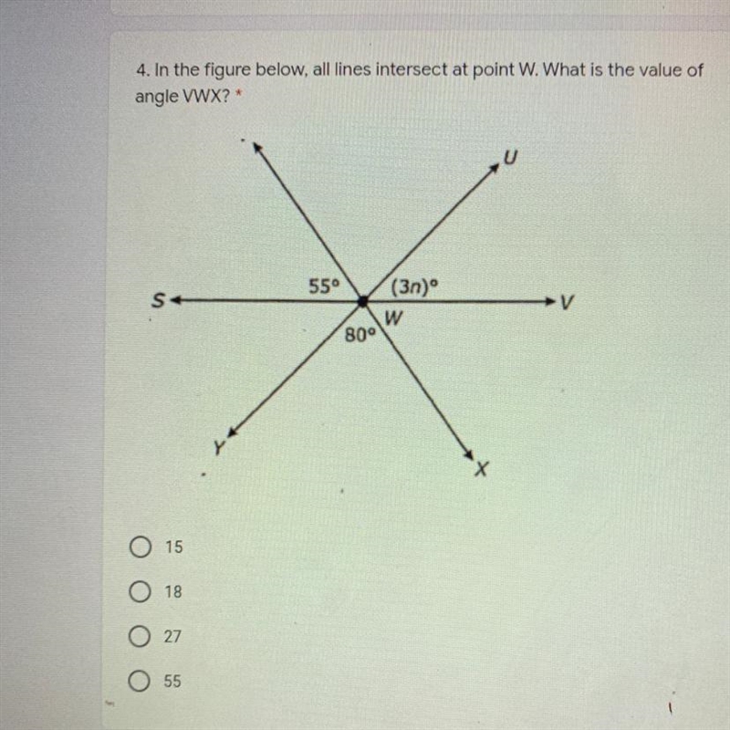 In the figure below, all lines intersect at point W. What is the value of angle VWX-example-1