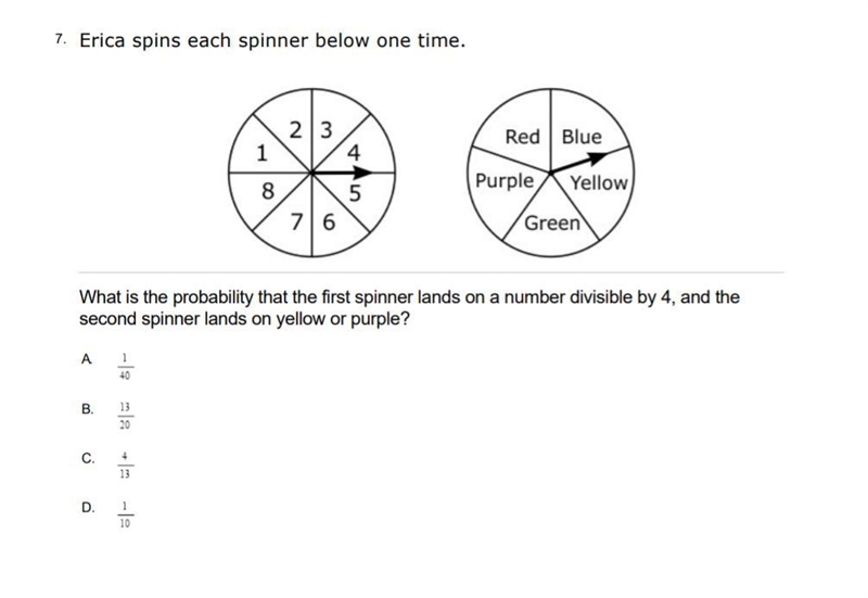 Erica spins each spinner below one time what is the probability that the first spinner-example-1