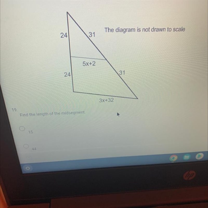 Find the length of the midsegment . A.15 B.44 C.22 D.13-example-1