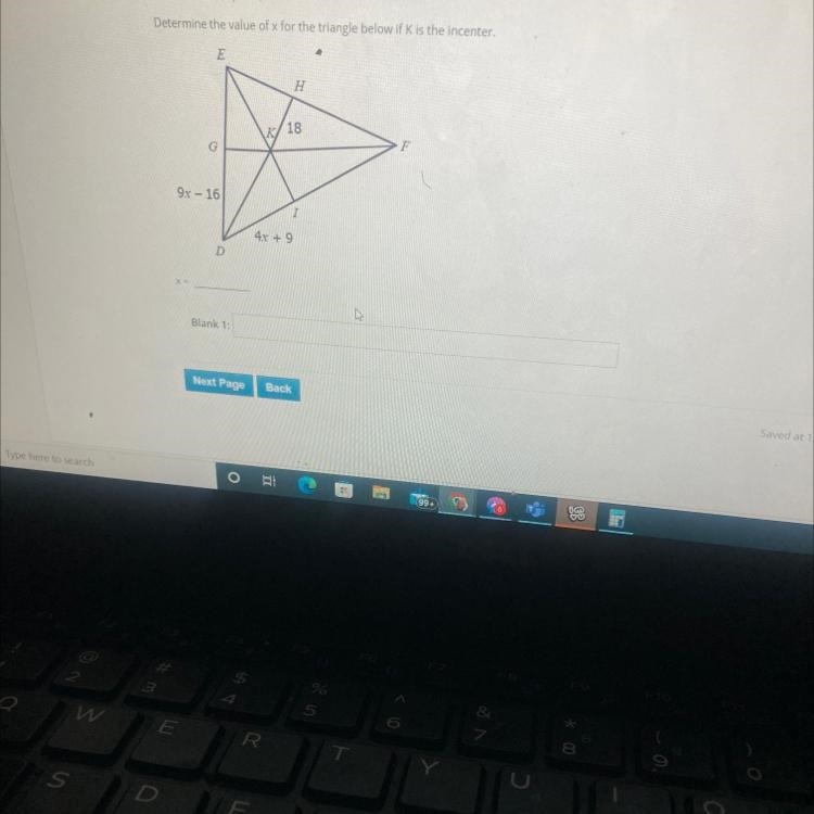 Determine the value of x for the triangle below if K is the incenter.E9.x-16X =لاGDHK-example-1