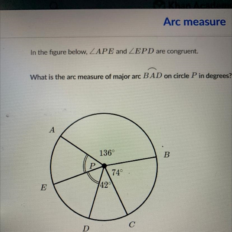 In the figure below, ZAPE and ZEPD are congruent. What is the arc measure of major-example-1