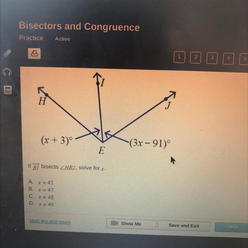 If Ej bisects ZH&J, solve for z. A. X= 41 B. X=47 C. X= 48 D. X= 49-example-1