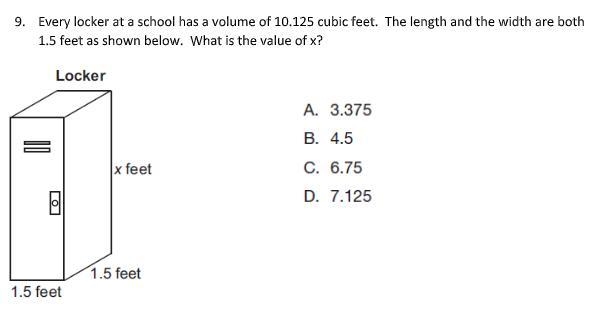 Every locker at a school has a volume of 10.125 cubic feet. The length and the width-example-1