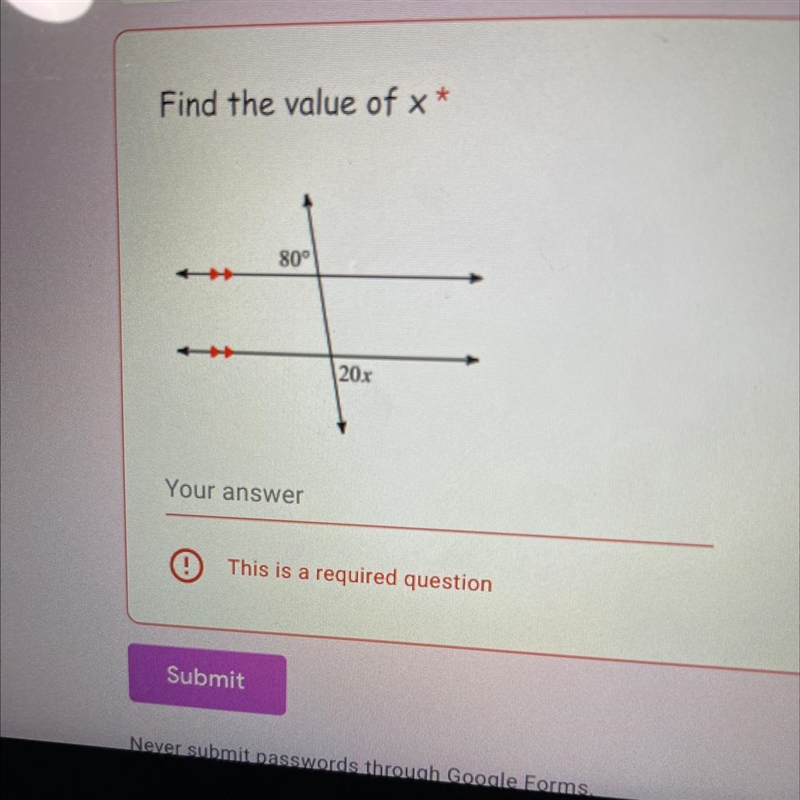 Find the value of x * 80° Your answer 20x-example-1