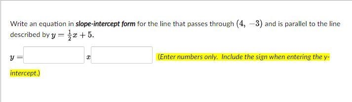 Write an equation in slope-intercept form for the line that passes through (4,-3) and-example-1